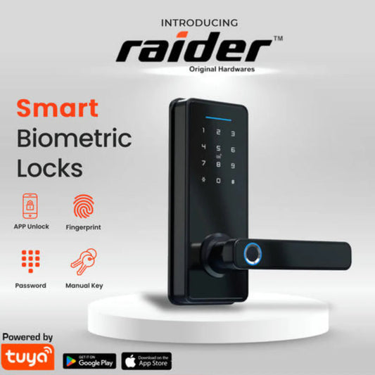 Raider Biometric Smart Lock In Black, Excellent Security for Offices, Homes, Businesses, Safe Rooms, Etc. Easy to Install, Modern Design, Excellent Quality and Multiple Points of Entry Systems for Use, Can Be Used Manually incase Of Power Outages. MEGA
