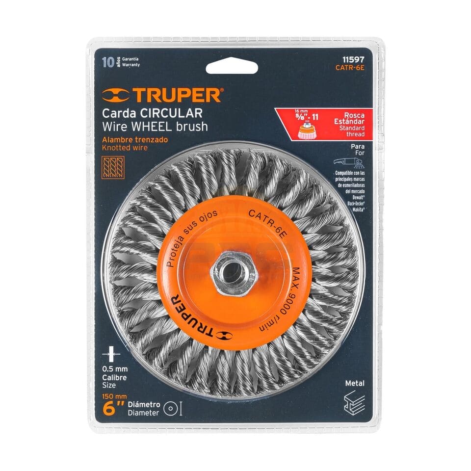TRUPER CIRCULAR 5\8" WIRE WHEEL BRUSH Circular brush 6" braided wire, arbor 5/8"-11 STANDARD THREAD16MM- 17527 MEGA
