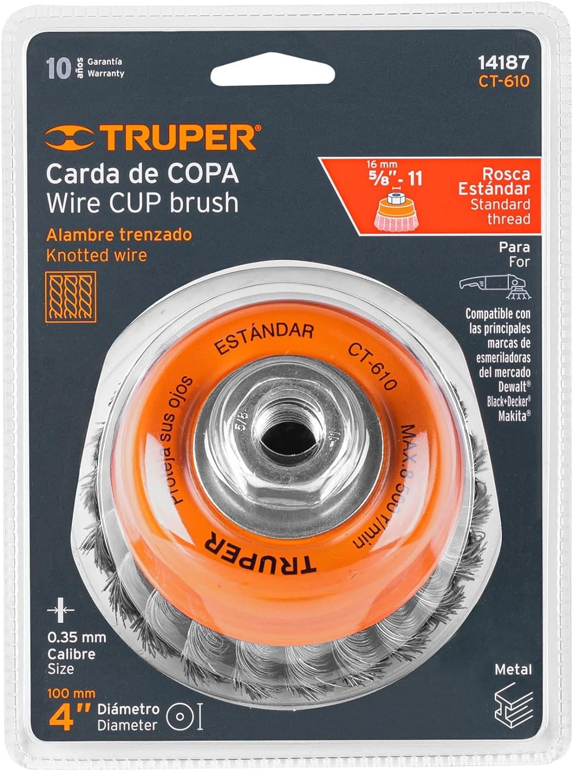 TRUPER Wire Cup Brush 14187 / CT-610 - 4" (102mm), 5/8-11, Fine Knotted Cup Brush - 14187 MEGA