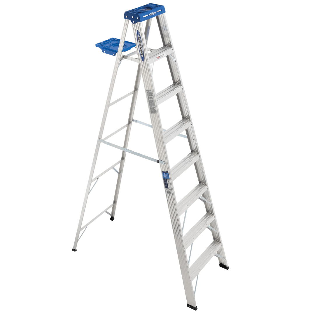 PROTECH 8 STEP LADDER features the exclusive TOOL-TRA-TOP, Slip-resistant, TRED steps to keep you stable while climbing or standing - PROT008