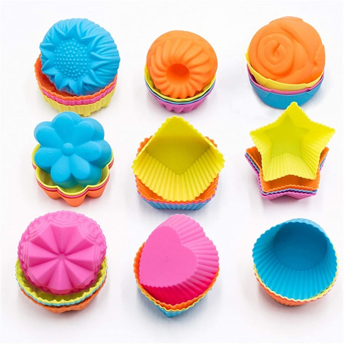 Letgo Shop Silicone Cupcake Liners Reusable Baking Cups Nonstick Easy Clean Pastry Muffin Molds 4 Shapes Round, Stars, Heart, Flowers, 24 Pieces Colorful-WIL-106-B01HPWDWT6 Pie's Variety Store