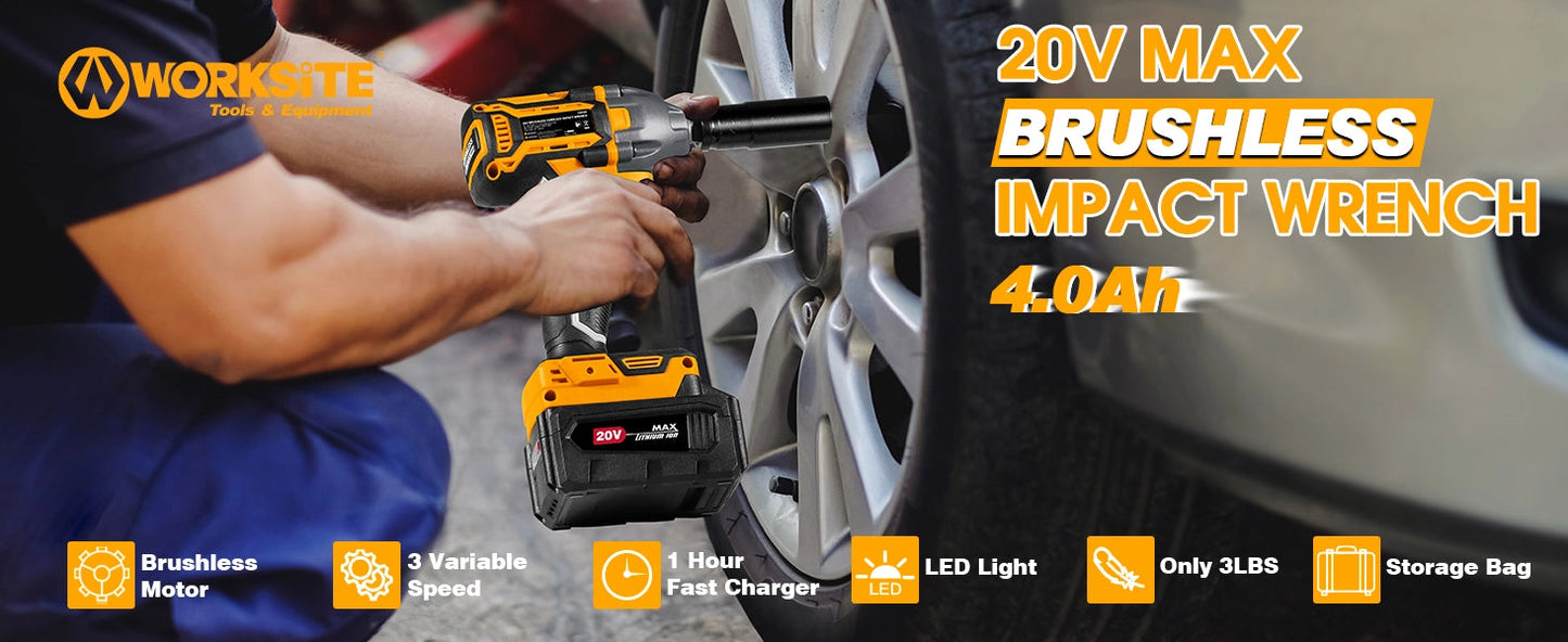WORKSITE Brushless Cordless Impact Wrench 1/2 Inch 20V High Torque 4.0Ah Battery 280 ft-lbs(380 Nm) Impact Gun Tools No.CIW336 Worksite Power Tools