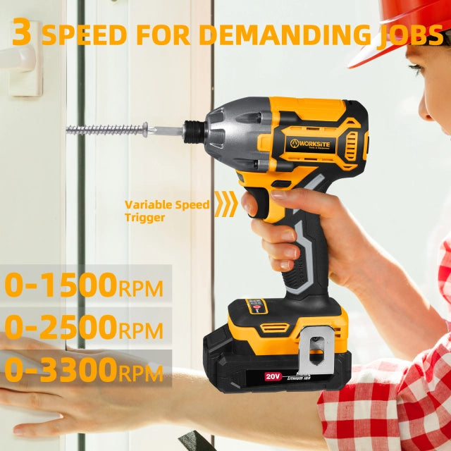 WORKSITE 20V Brushless Cordless Impact Driver 1/2 Inch  High Torque 300N.m Compact Handheld Variable Speed Electric Drivers-CIS336 Worksite Power Tools