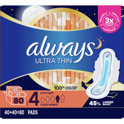Always Ultra Thin Overnight Pads 2 Packs / 40 Units GET UP TO 100% LEAK FREE COMFORT for a perfect night's sleep -406586