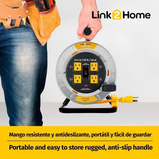 Link2Home Retractable Cord Reel with 4 Outlets 15.24 m / 50 ft. This reel is the perfect solution for any space, whether in your workshop, garage, or for outdoor activities.-472679 EBUYSTT