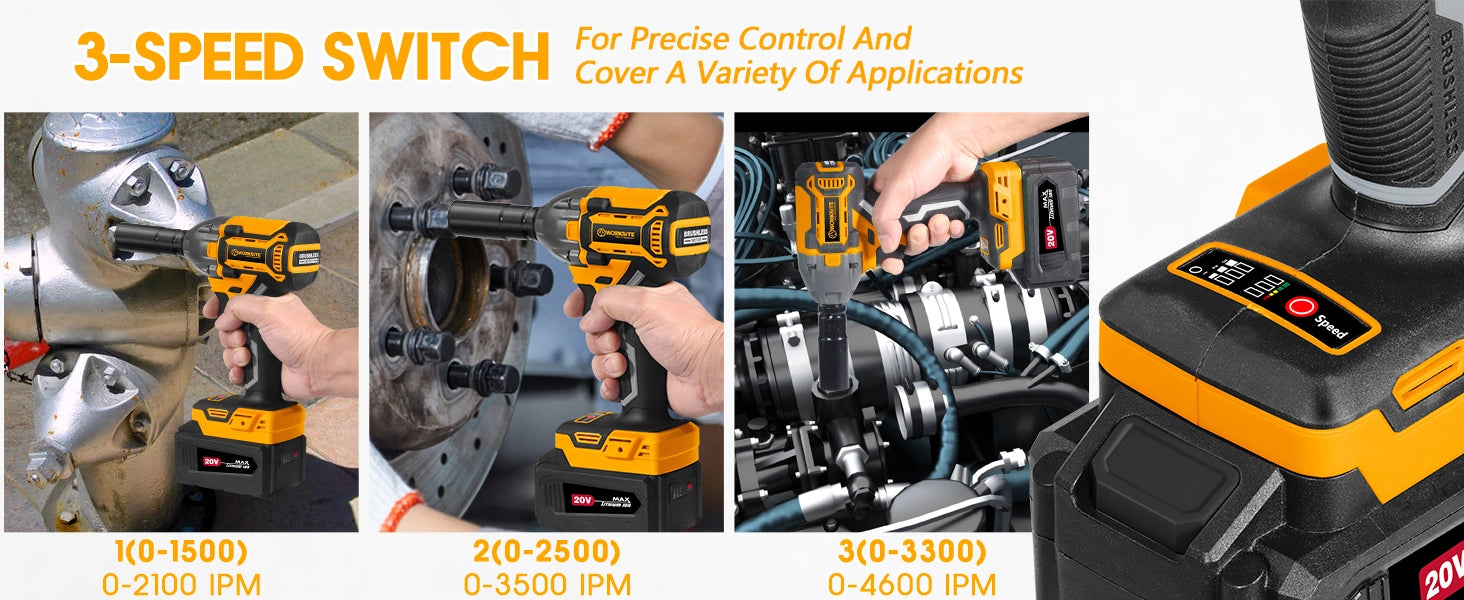 WORKSITE Brushless Cordless Impact Wrench 1/2 Inch 20V High Torque 4.0Ah Battery 280 ft-lbs(380 Nm) Impact Gun Tools No.CIW336 Worksite Power Tools