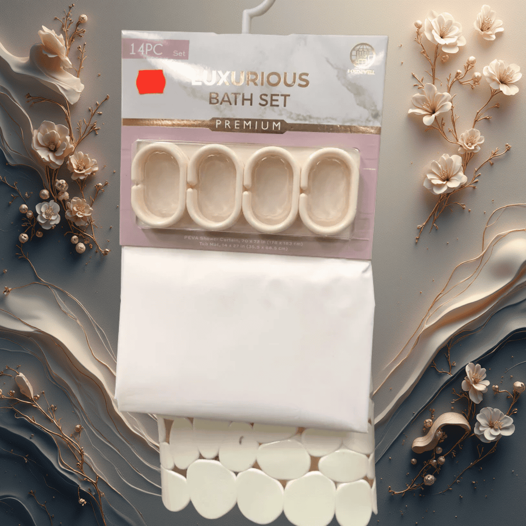 HOUSEWELL PLASTIC SHOWER CURTAIN W/NON SKID MAT 14 PC- 20021507 Mega
