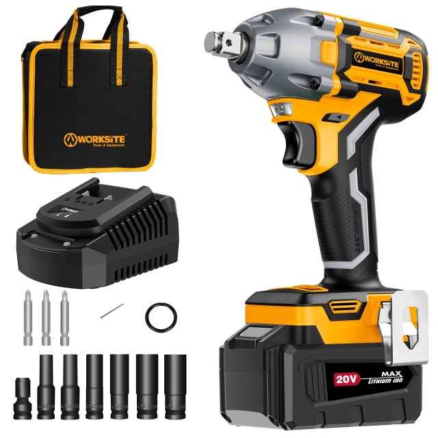 WORKSITE Brushless Cordless Impact Wrench 1/2 Inch 20V High Torque 4.0Ah Battery 280 ft-lbs(380 Nm) Impact Gun Tools No.CIW336 Worksite Power Tools