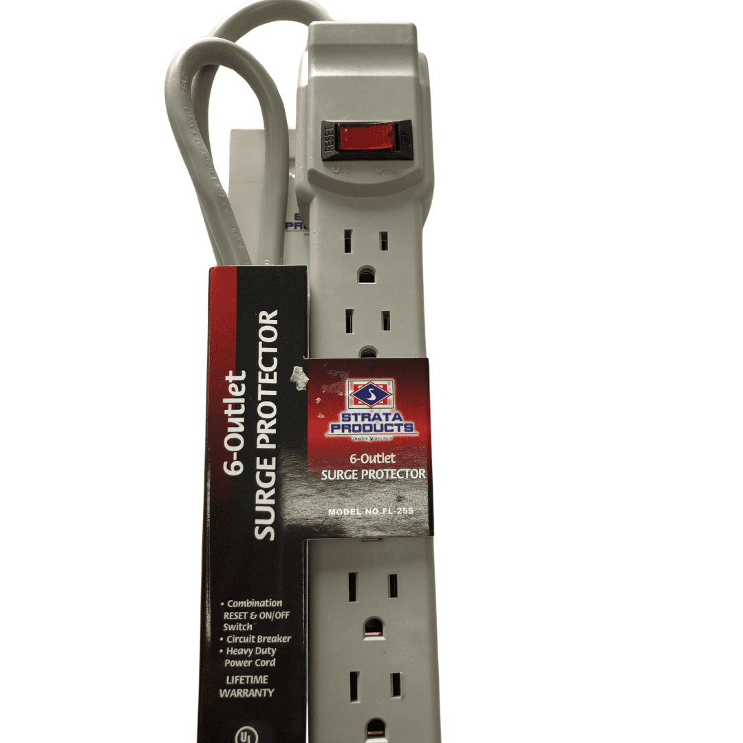 Strata 6 Outlet Grounded Multi Contact Extension Cord with Surge Suppressor. Extra Wide Spaced Outlets For Cell Phone Charger, Power Adapter, 3 Prong, Multi Outlet Wall Charger, Quick & Easy Install, For Home Office, Home Theatre and Many More-FL-25S MEGA