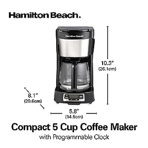 Hamilton Beach 5 Cup Compact Drip Coffee Maker with Programmable Clock, Glass Carafe, Auto Pause and Pour, Black & Stainless Steel (46111) ebuystt
