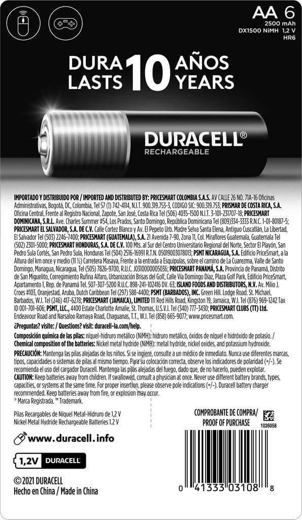 Duracell AA Batteries Rechargeable 6 pk - These powerful NiMH batteries are ideally suited for high-drain or frequently used devices - 398002 ADRIAN'S ELECTRONICS
