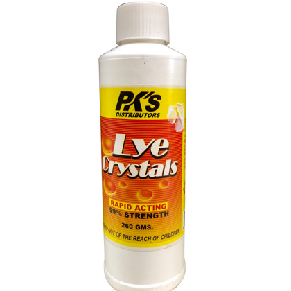 PKS Distributors Lye Crystals Targets soiled spots, mildew, moss, and grease on surfaces like walls, tiles, drains, and concrete paving.- 260 grams