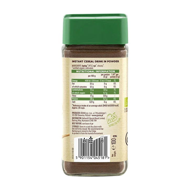 Barley Cup Cereal Drink Organic 100g  Barley and rye are amongst the world’s oldest cultivated grains and have been enjoyed by mankind for centuries thanks to their great taste and nutritional profile-5901154045181 Hannah's Variety Store