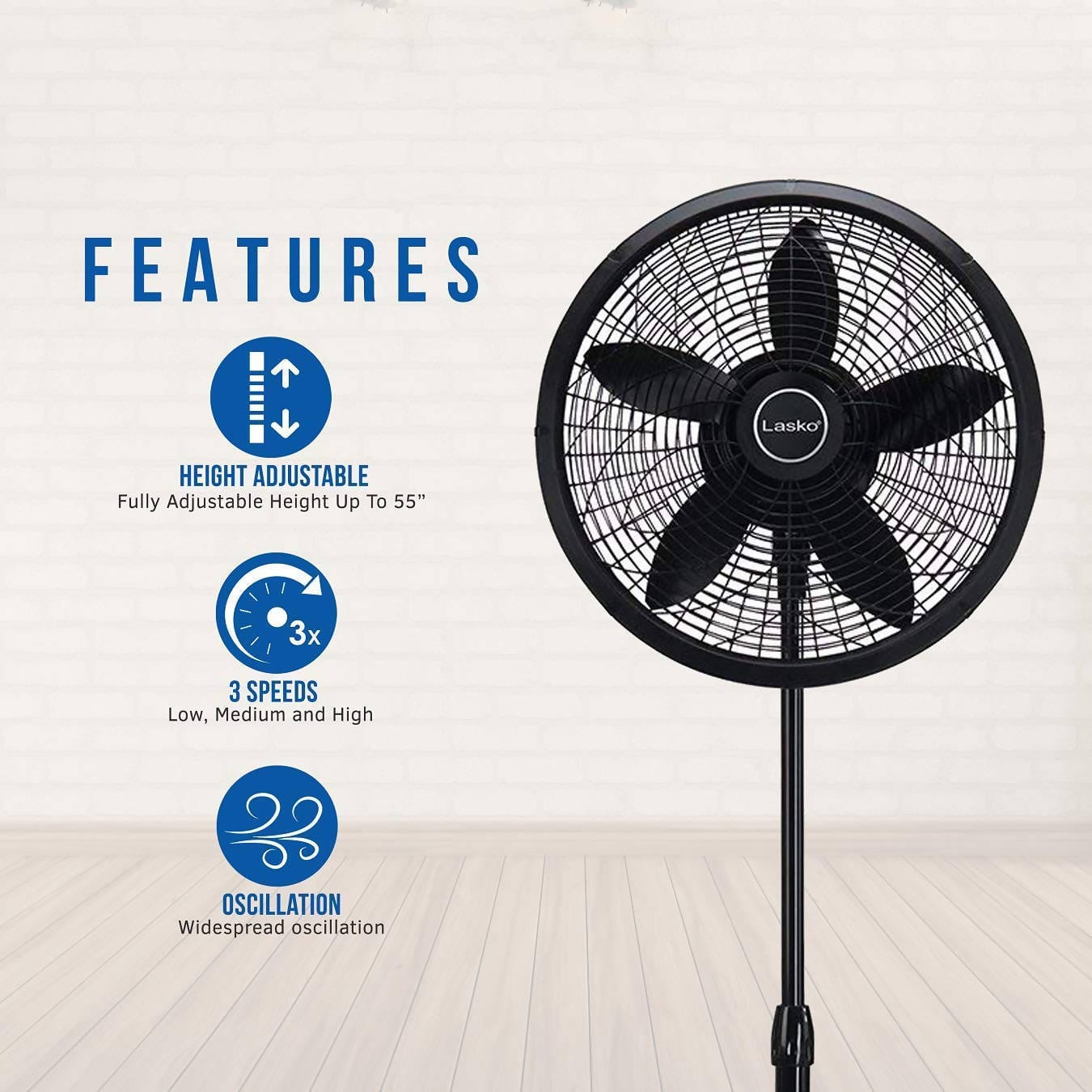 Lasko 18″ Elegance & Performance Adjustable Pedestal Fan, ideal for the bedroom, living room, or near your desk. Low, medium, and high speed make this fan well suited around the whole house. Black - 1827B Pie's Variety Store