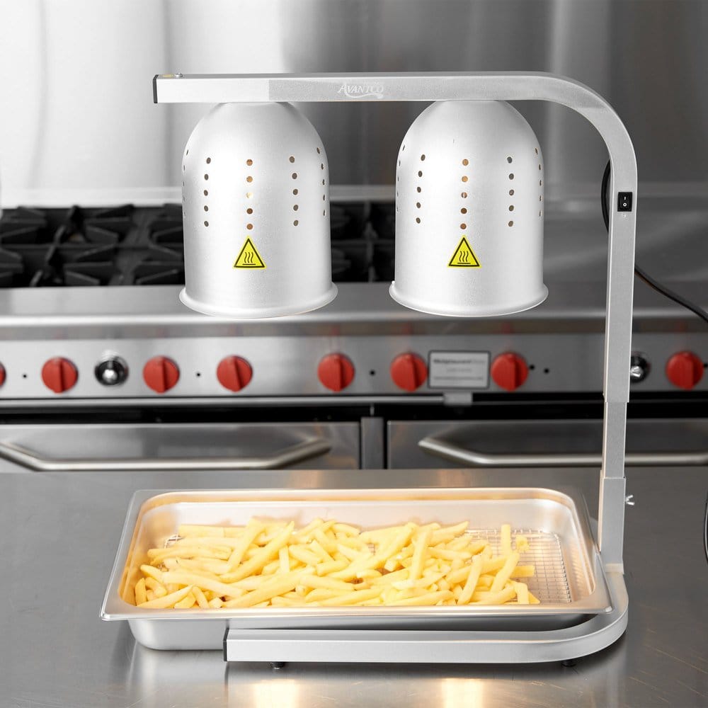 Two Bulb Food Warmer 110V with two 250 Watt Bulbs  This warmer boasts a simple design that combines with a rugged construction to give you a reliable way to keep fried foods hot without drying them out-ROY FW 01 Hannah's Variety Store