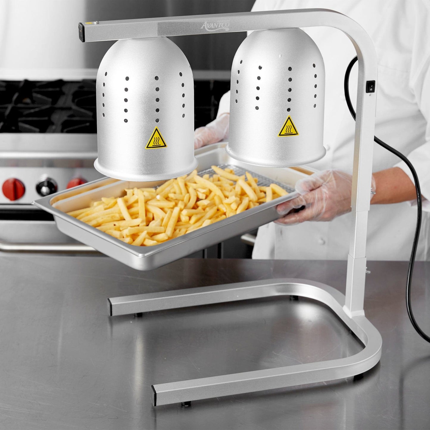 Two Bulb Food Warmer 110V with two 250 Watt Bulbs  This warmer boasts a simple design that combines with a rugged construction to give you a reliable way to keep fried foods hot without drying them out-ROY FW 01 Hannah's Variety Store