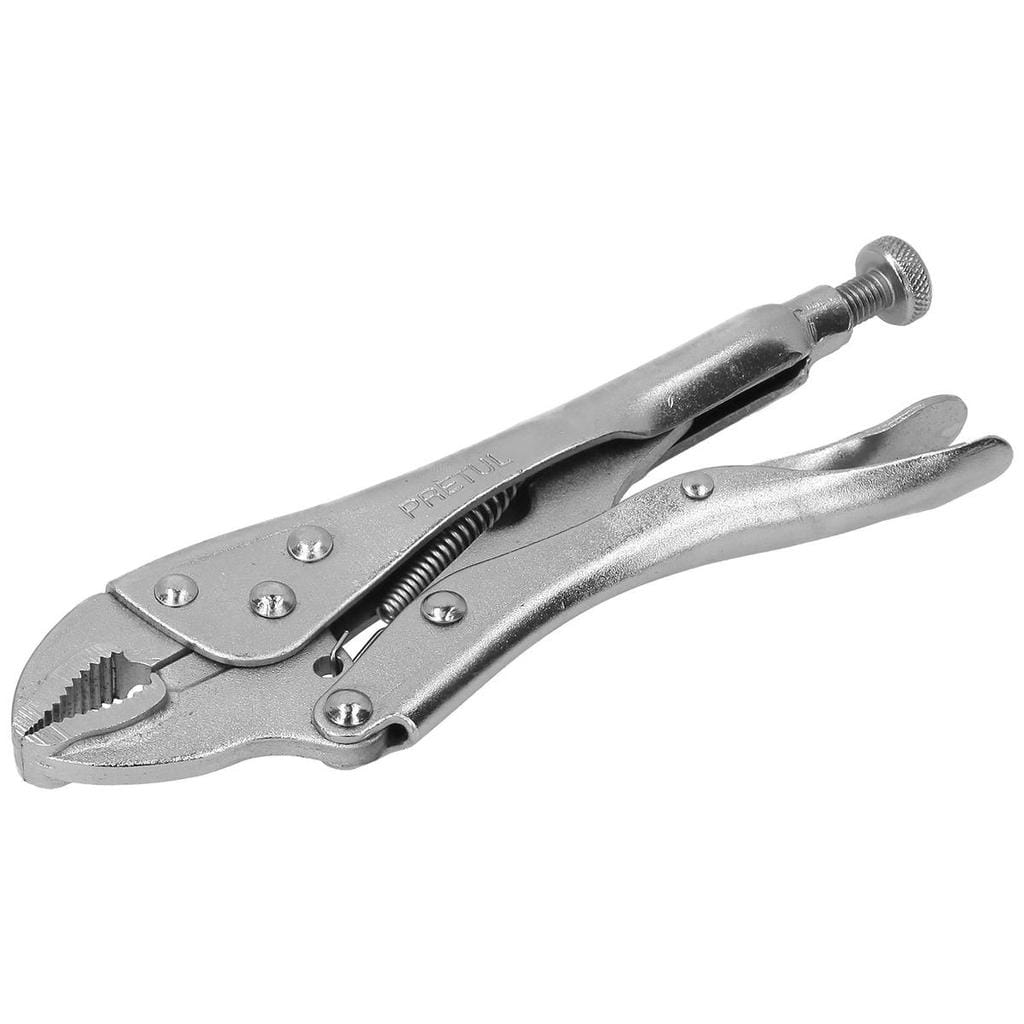 Pretul Curved Jaw Locking Pliers for Tightening, Clasping, Twisting and Turning. Made with heat-treated alloy steel and Nickel-plated finish for increased corrosion resistance. Ideal for welders, mechanics and carpenters MEGA