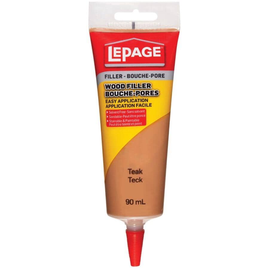 Lepage Wood Filler Teak LePage Tinted Wood Filler is a quality interior synthetic latex wood filler for cracks, holes and surface imperfections. It is a smooth, buttery paste that spreads and feathers easily  -LEPAGEWOODFILLER Hannah's Variety Store