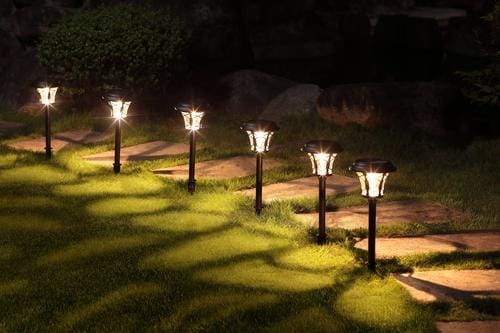 Solar LED Path Lights  9 hours working time, One year limited warranty. Set includes 6 solar lights.Solar LED pathway Light is covered with a Smooth Thick and smooth glass refracts a beautiful Pentagram patterned-424401