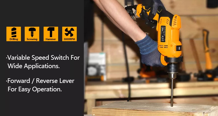 Worksite Impact Drill With Chuck Size 13mm(1/2 inches). Professional Impact Drill. Input Power - 750Watts Impact Drill, Adjustable Speed, Reversible - Voltage: 110-120Volts~,50/60Hz, No-load speed:0-3000/min - EID402 Worksite Power Tools