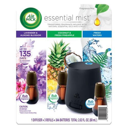 Air Wick Essential Mist 1 Diffuser + 3 Refills fills any room with a soft, fragrant mist infused with natural essential oils-442148-0062338025124