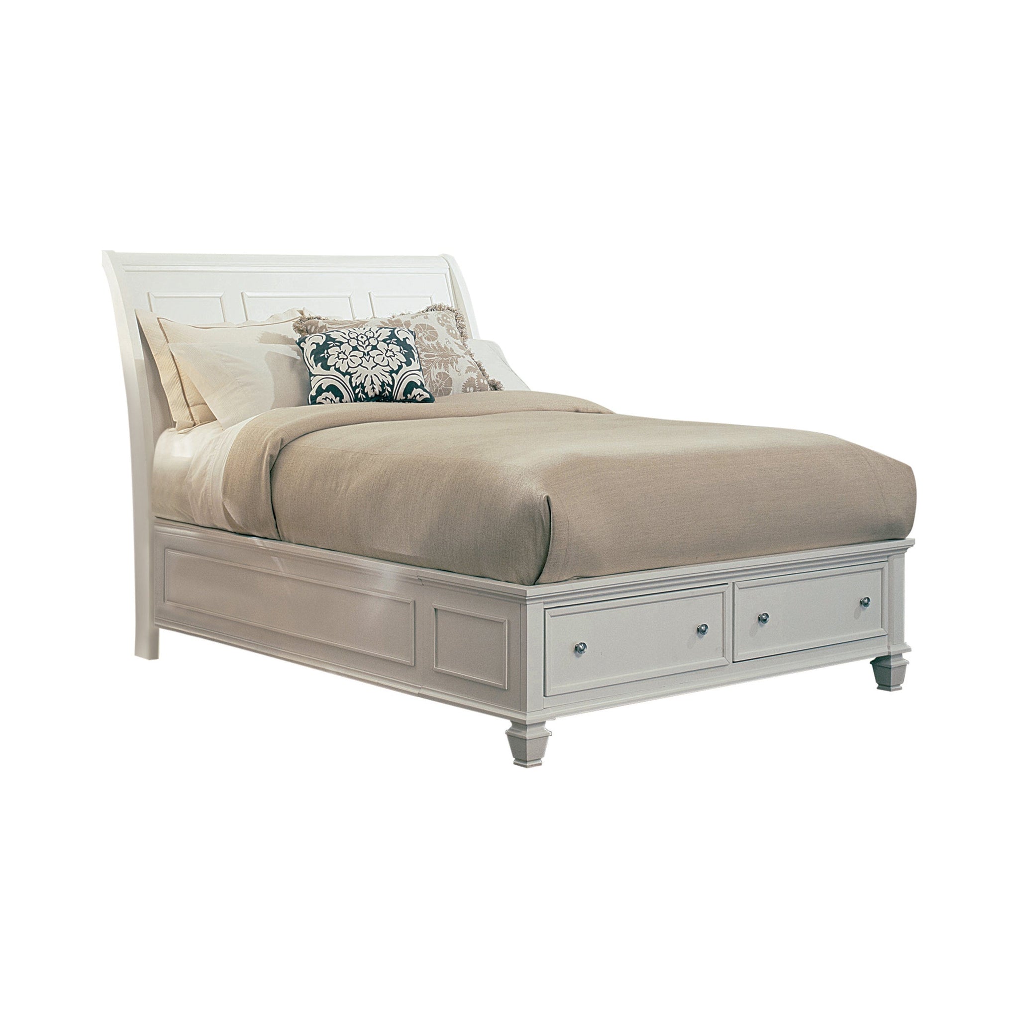 Sandy Beach Eastern King Storage Sleigh Bed White Collection: This Bed Is Constructed From Tropical Hardwoods And Veneer For Dependability And Durability, Also A Classy White Finish, Can Be Showcased In Any Master Bedroom.  SKU: 201309KE