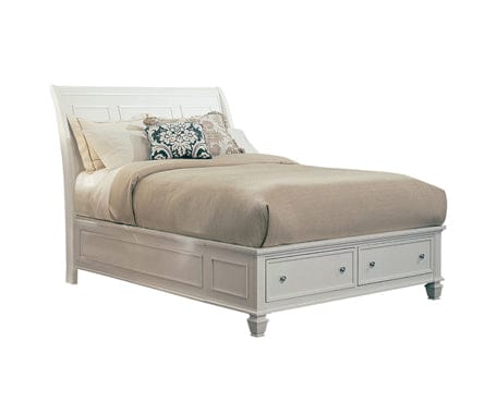 Sandy Beach California King Storage Sleigh Bed White Collection: This Bed Can Be The Centerpiece Of Any Master Bedroom. Two Storage Drawers Are Built Into The Carved Footboard For storing extra Linens.  SKU: 201309KW coastmega