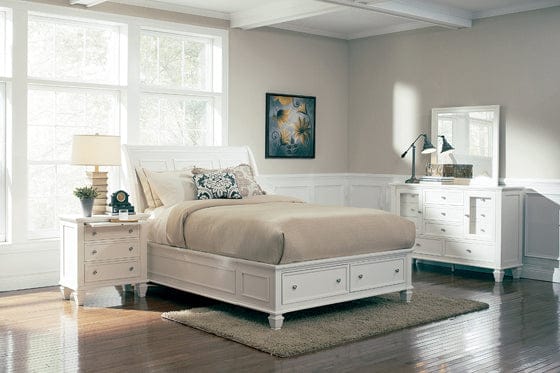 Sandy Beach California King Storage Sleigh Bed White Collection: This Bed Can Be The Centerpiece Of Any Master Bedroom. Two Storage Drawers Are Built Into The Carved Footboard For storing extra Linens.  SKU: 201309KW coastmega