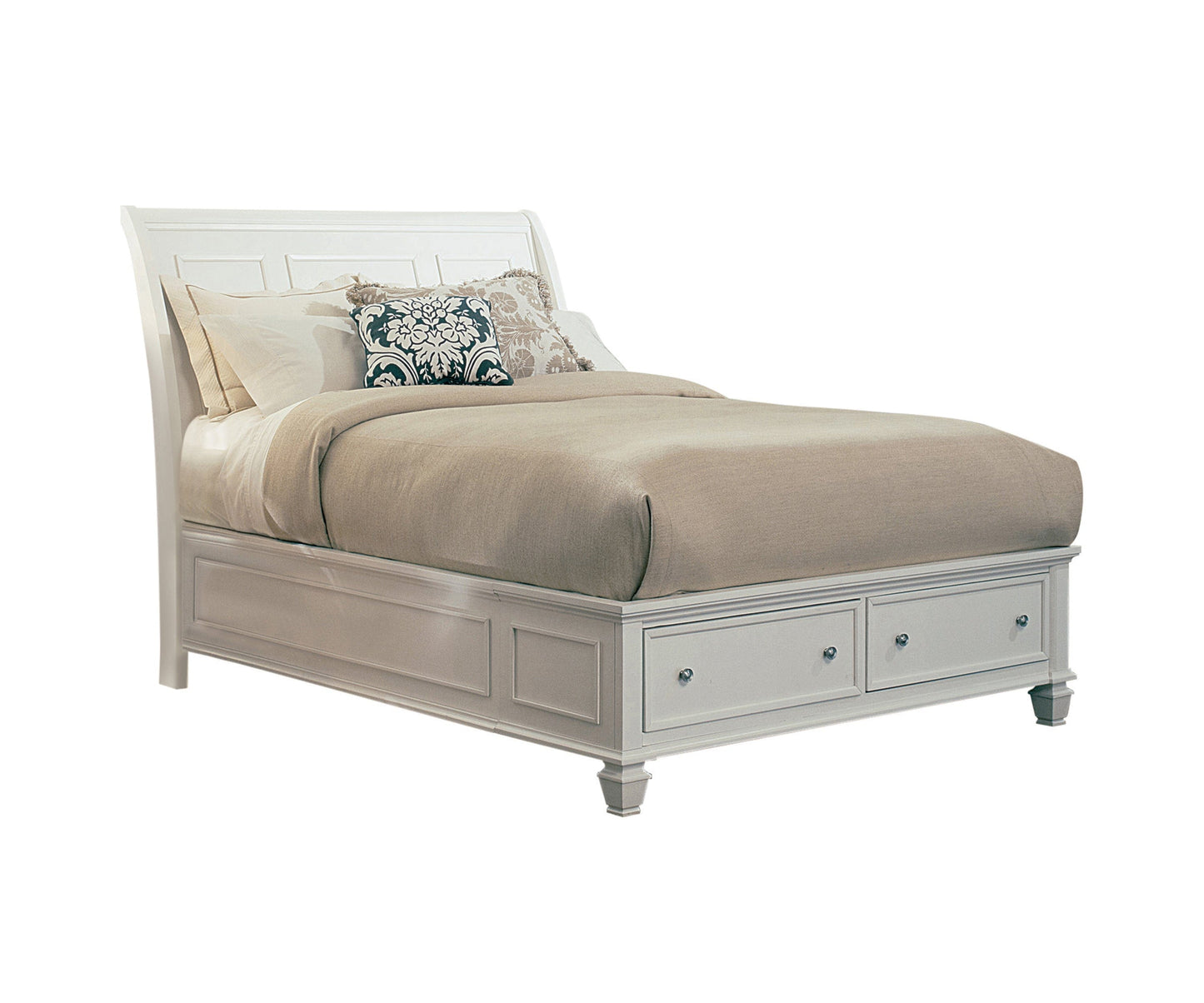 Sandy Beach California King Storage Sleigh Bed White Collection: This Bed Can Be The Centerpiece Of Any Master Bedroom. Two Storage Drawers Are Built Into The Carved Footboard For storing extra Linens.  SKU: 201309KW coastmega