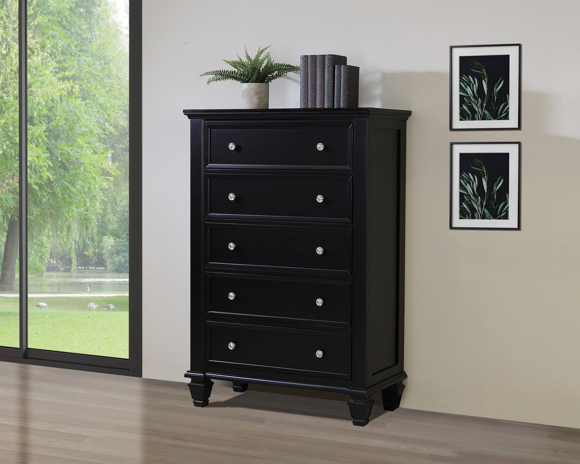 Sandy Beach 5-Drawer Chest Black Collection: This Noble Looking Chest Adds Elegant Simplicity To Your Master Bedroom. The Top Is Spacious Enough For Several Knickknacks And A Small Table Lamp.  SKU: 201325 coastmega