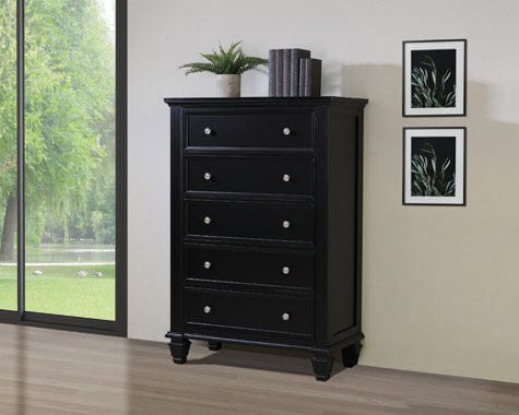 Sandy Beach 5-Drawer Chest Black Collection: This Noble Looking Chest Adds Elegant Simplicity To Your Master Bedroom. The Top Is Spacious Enough For Several Knickknacks And A Small Table Lamp.  SKU: 201325 coastmega