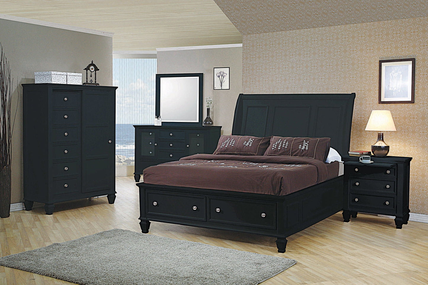 Sandy Beach Queen Storage Sleigh Bed Black Collection: This Bed Is Stylishly Designed With A Flared Headboard Complete With Clean, Straight Lines And Carved Moldings. Two Drawers Built Into The Footboard. : 201329Q coastmega