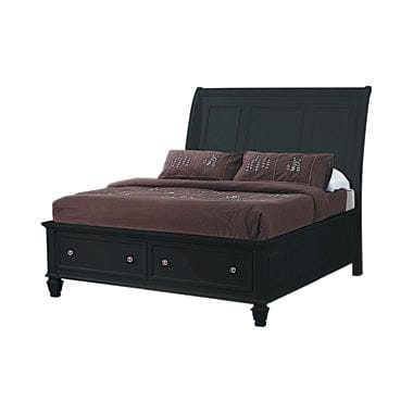 Sandy Beach Queen Storage Sleigh Bed Black Collection: This Bed Is Stylishly Designed With A Flared Headboard Complete With Clean, Straight Lines And Carved Moldings. Two Drawers Built Into The Footboard. : 201329Q coastmega