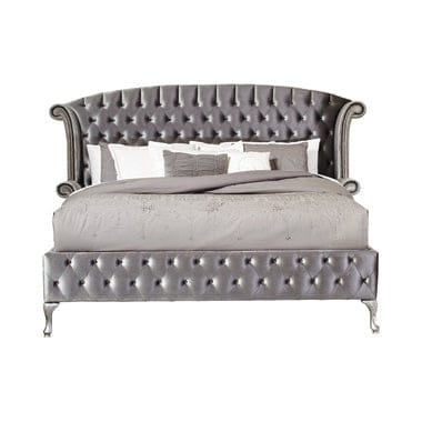 Deanna Eastern King Tufted Upholstered Bed Grey Collection: The Imposing Regal Headboard Features Rolled Wingback Styling Complete With Armrests That's Both Chic And Comfortable. Deanna SKU: 205101KE