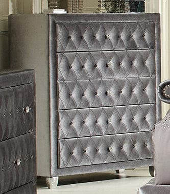 Deanna 5-Drawer Rectangular Chest Grey Collection: Dress Up Your Space With Chic, Modern Luxury, Exquisitely Designed, This Stylish Chest Makes Any Bedroom Look Glamorous: Deanna SKU: 205105 coastmega