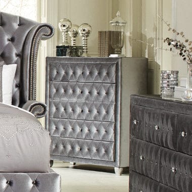 Deanna 5-Drawer Rectangular Chest Grey Collection: Dress Up Your Space With Chic, Modern Luxury, Exquisitely Designed, This Stylish Chest Makes Any Bedroom Look Glamorous: Deanna SKU: 205105