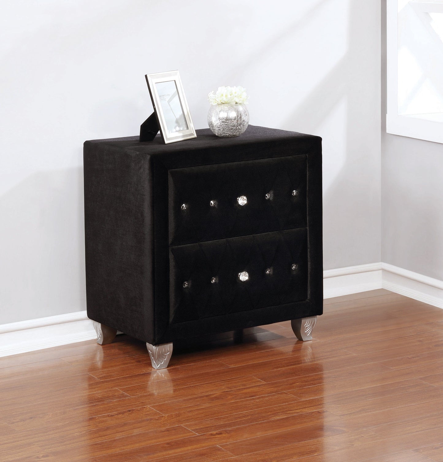 Deanna 2-Drawer Rectangular Nightstand Black Collection: Glamorous And Streamlined, The Sleek Silhouette Is Covered In Velvet Fabric For A Luxurious Feel: Deanna SKU: 206102 coastmega