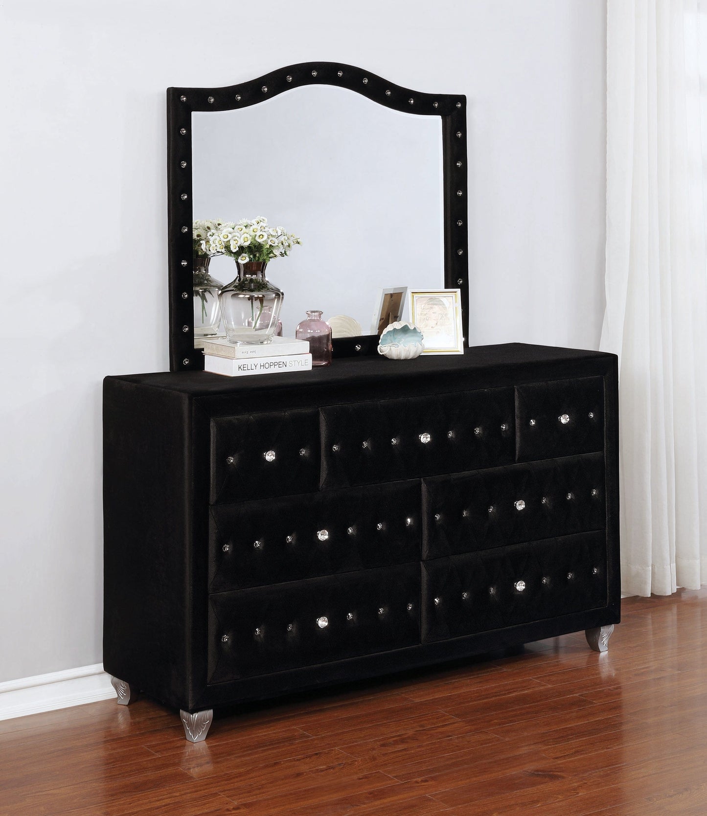 Deanna Button Tufted Mirror Black Collection: Transform A Sophisticated Space With This Stunning Large Black Mirror, Apply Makeup Or Do Your Hair In The Richly Elevated Reflection: Deanna SKU: 206104 coastmega