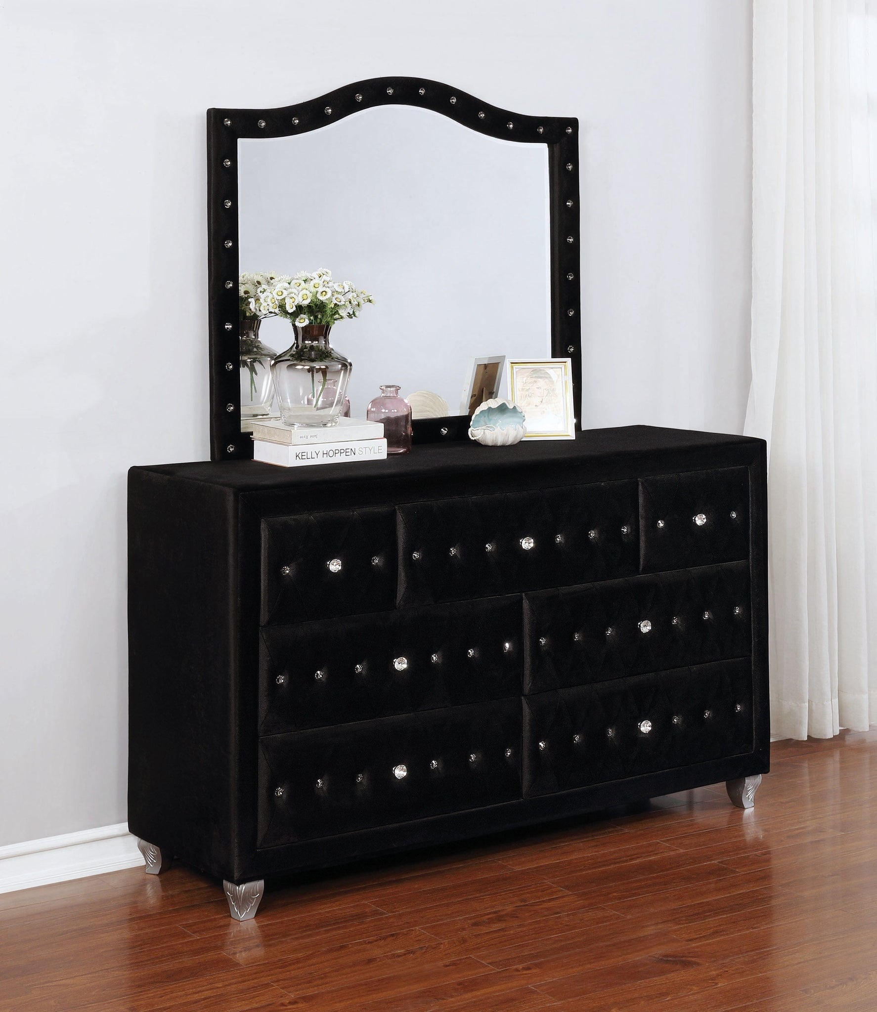 Deanna Button Tufted Mirror Black Collection: Transform A Sophisticated Space With This Stunning Large Black Mirror, Apply Makeup Or Do Your Hair In The Richly Elevated Reflection: Deanna SKU: 206104