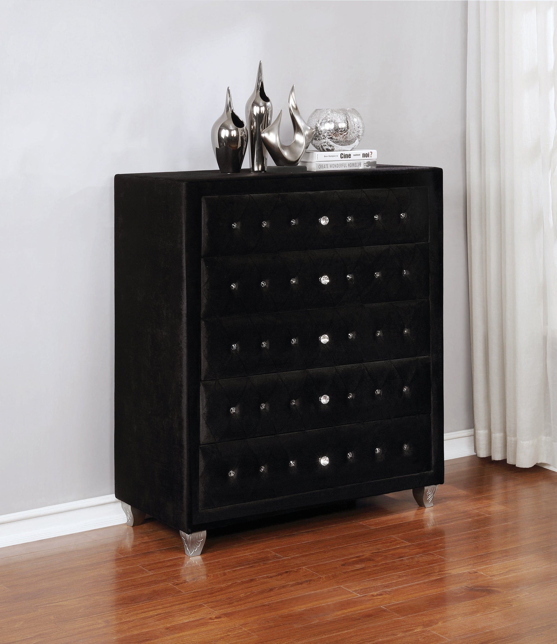 Deanna 5-Drawer Rectangular Chest Black Collection: Craft A Sophisticated Aura In A Bedroom With This Five Drawer Black Chest, Crystal Button Diamond Tufting Dress Up The Drawers: Deanna SKU: 206105 coastmega