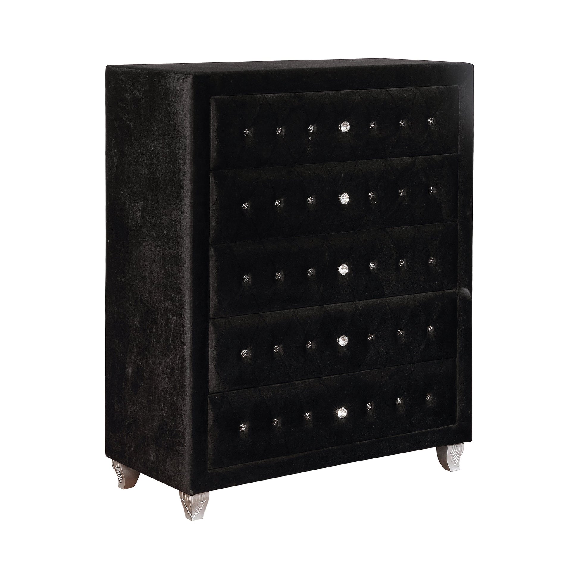Deanna 5-Drawer Rectangular Chest Black Collection: Craft A Sophisticated Aura In A Bedroom With This Five Drawer Black Chest, Crystal Button Diamond Tufting Dress Up The Drawers: Deanna SKU: 206105 coastmega