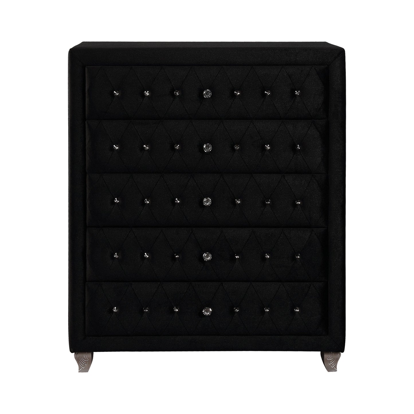Deanna 5-Drawer Rectangular Chest Black Collection: Craft A Sophisticated Aura In A Bedroom With This Five Drawer Black Chest, Crystal Button Diamond Tufting Dress Up The Drawers: Deanna SKU: 206105 coastmega