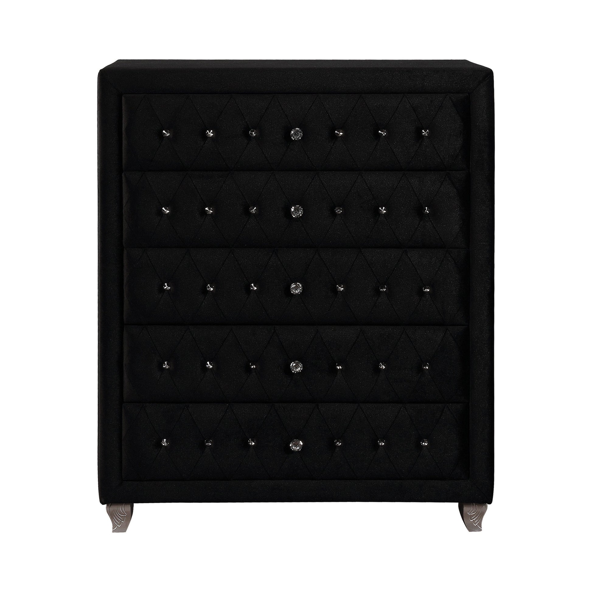 Deanna 5-Drawer Rectangular Chest Black Collection: Craft A Sophisticated Aura In A Bedroom With This Five Drawer Black Chest, Crystal Button Diamond Tufting Dress Up The Drawers: Deanna SKU: 206105 coastmega