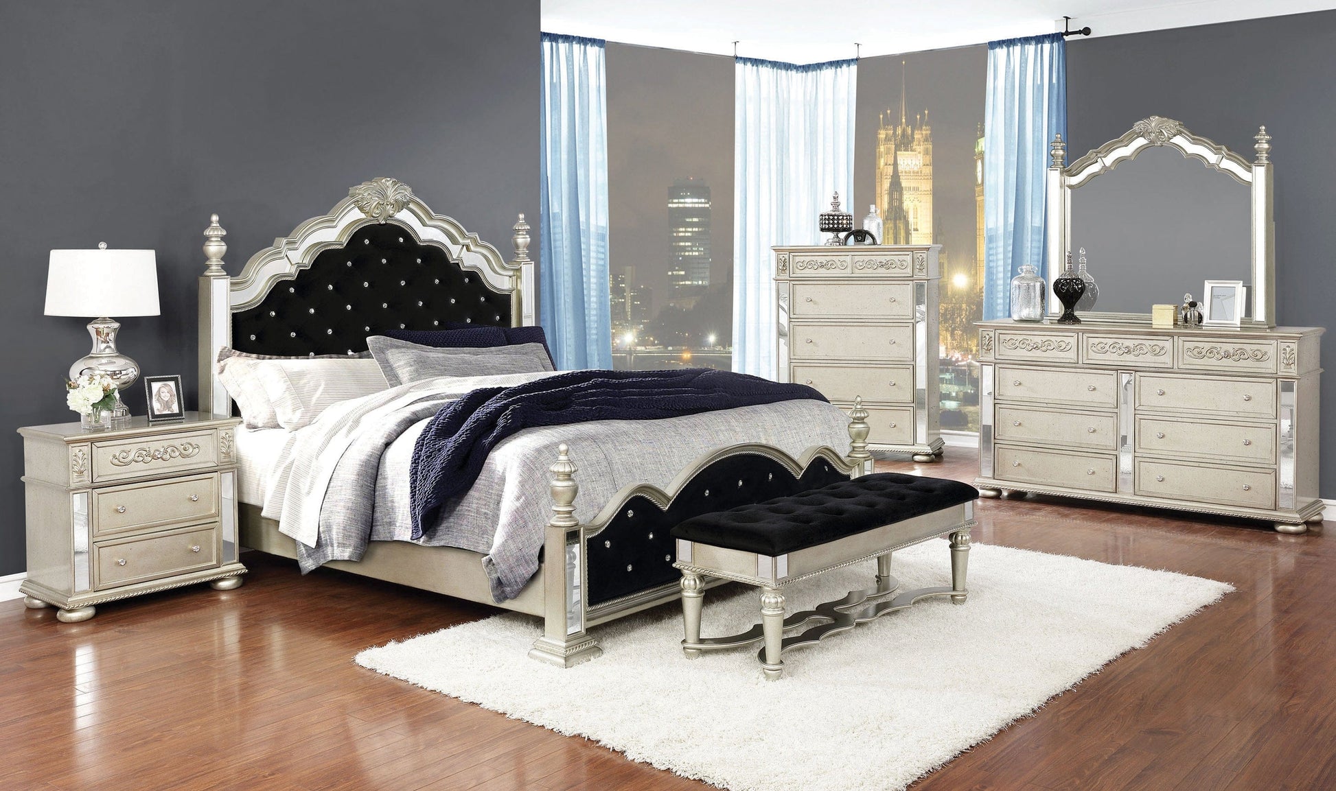 Heidi Eastern King Upholstered Poster Bed Metallic Platinum Collection, Invite A Glamorous Atmosphere Into The Master Bedroom, Elegant,: Heidi SKU: 222731KE coastmega