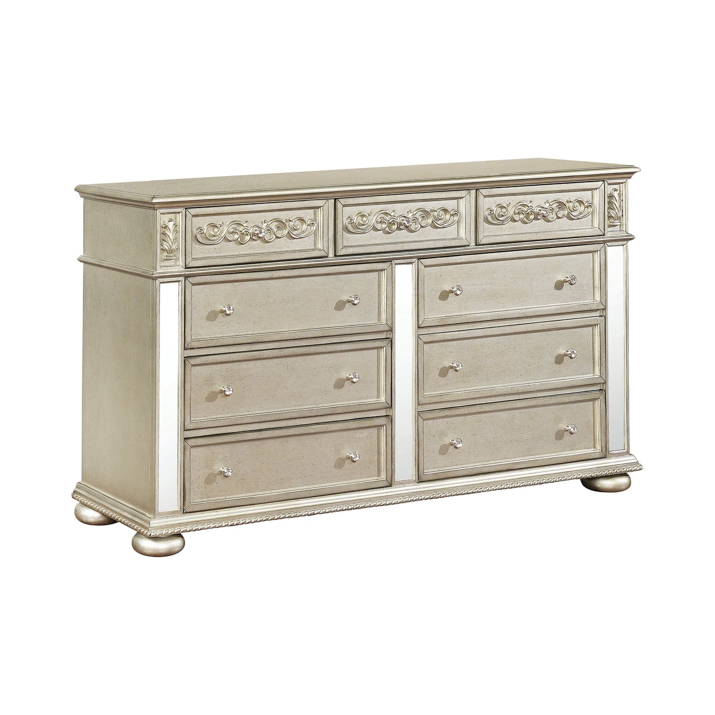 Heidi 9-Drawer Dresser Metallic Platinum Collection: Add A Luxurious Style To Your Bedroom With This Glamorous Dresser, Metallic Platinum Finish For A Luxurious Touch, Plenty Of Space To Store Your Jewelry And Many More Heidi SKU: 222733 coastmega