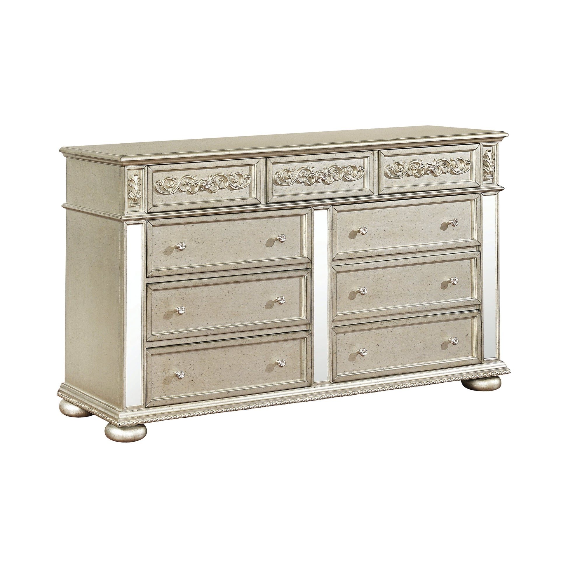 Heidi 9-Drawer Dresser Metallic Platinum Collection: Add A Luxurious Style To Your Bedroom With This Glamorous Dresser, Metallic Platinum Finish For A Luxurious Touch, Plenty Of Space To Store Your Jewelry And Many More Heidi SKU: 222733 coastmega