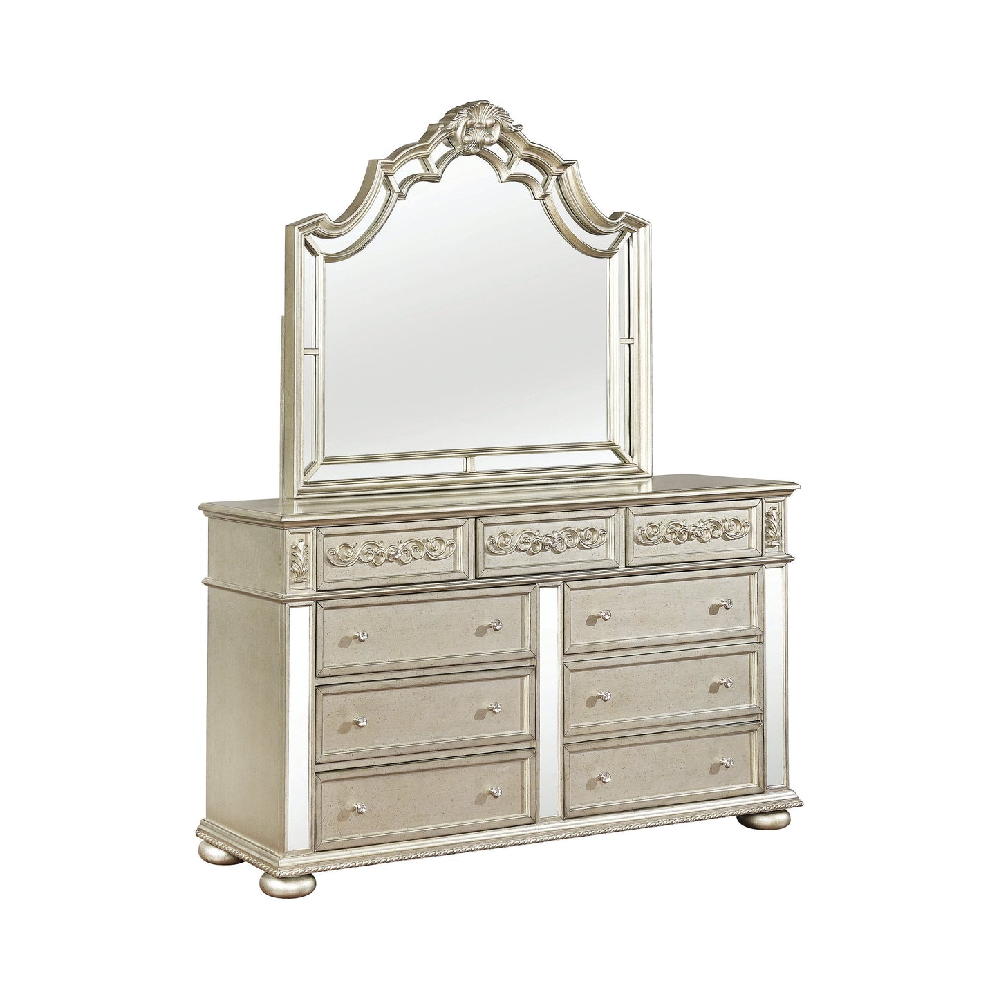 Heidi 9-Drawer Dresser Metallic Platinum Collection: Add A Luxurious Style To Your Bedroom With This Glamorous Dresser, Metallic Platinum Finish For A Luxurious Touch, Plenty Of Space To Store Your Jewelry And Many More Heidi SKU: 222733 coastmega