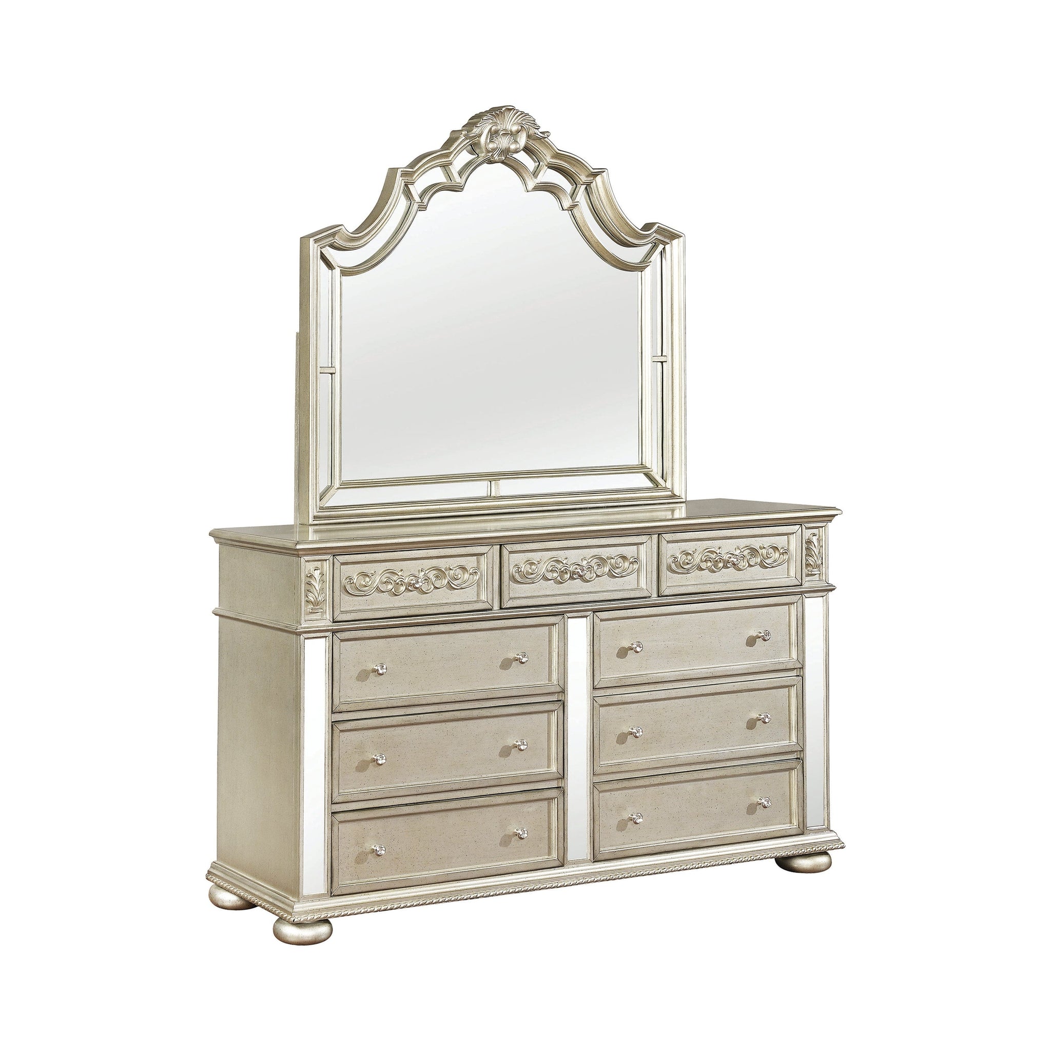 Heidi 9-Drawer Dresser Metallic Platinum Collection: Add A Luxurious Style To Your Bedroom With This Glamorous Dresser, Metallic Platinum Finish For A Luxurious Touch, Plenty Of Space To Store Your Jewelry And Many More Heidi SKU: 222733