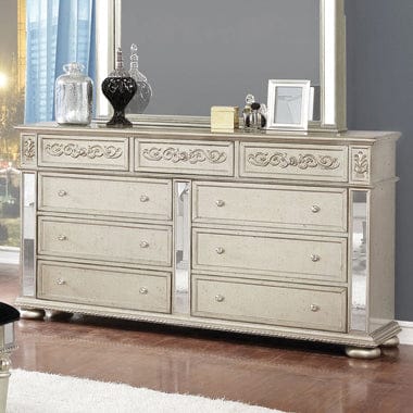 Heidi 9-Drawer Dresser Metallic Platinum Collection: Add A Luxurious Style To Your Bedroom With This Glamorous Dresser, Metallic Platinum Finish For A Luxurious Touch, Plenty Of Space To Store Your Jewelry And Many More Heidi SKU: 222733