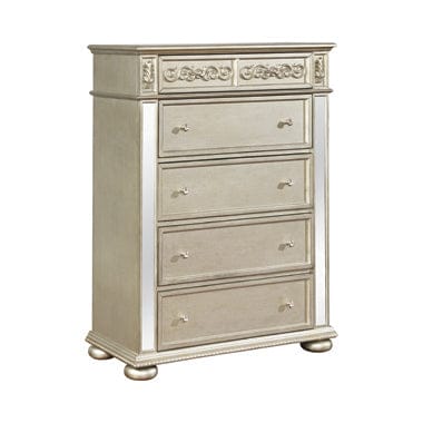 Heidi 5-Drawer Chest Metallic Platinum Collection: Add Valuable Storage Space To A Glam Bedroom, Gives A Luxurious Look, Two Small Drawers Offer Space To Organize Delicate Items, Other Drawers Plenty Of Storage For Clothing Or Bedding: Heidi SKU: 222735 coastmega